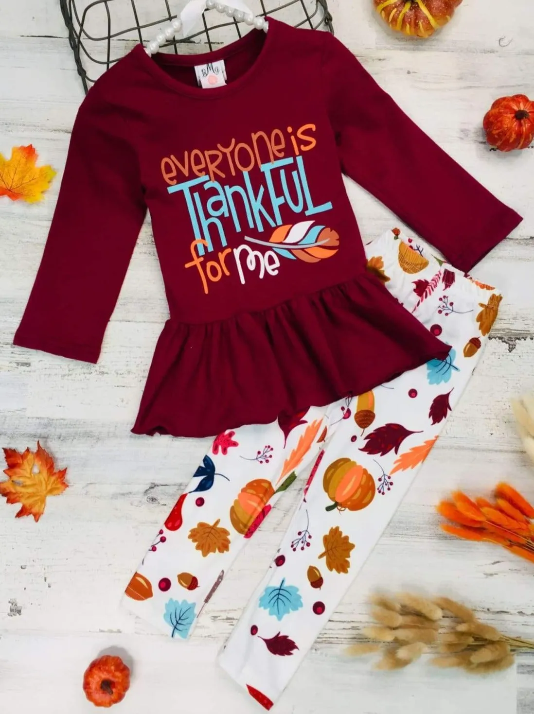 Girls Everyone is Thankful for Me Long Sleeve Peplum Tunic And Leaves Print Leggings