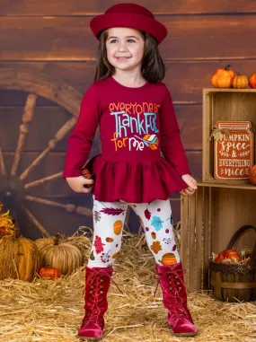 Girls Everyone is Thankful for Me Long Sleeve Peplum Tunic And Leaves Print Leggings