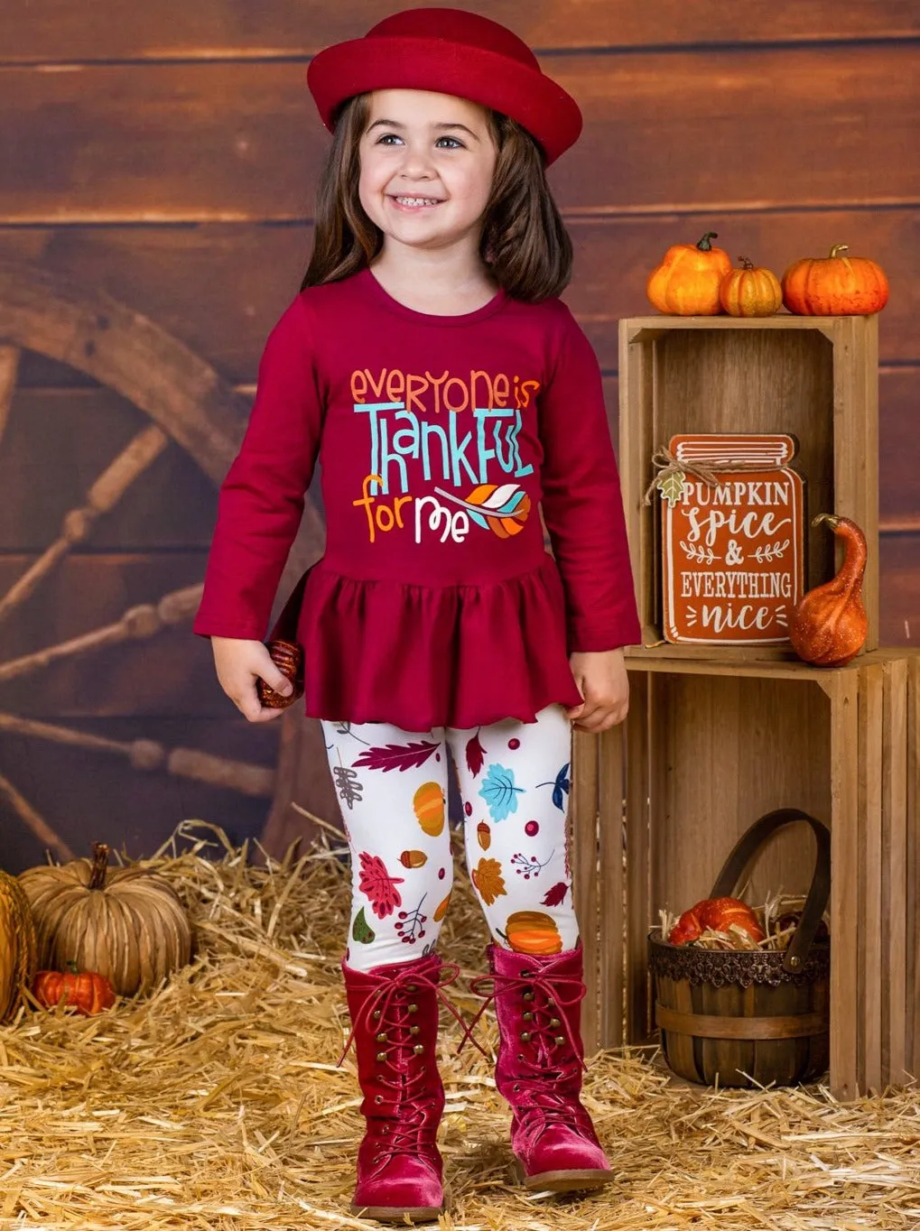 Girls Everyone is Thankful for Me Long Sleeve Peplum Tunic And Leaves Print Leggings