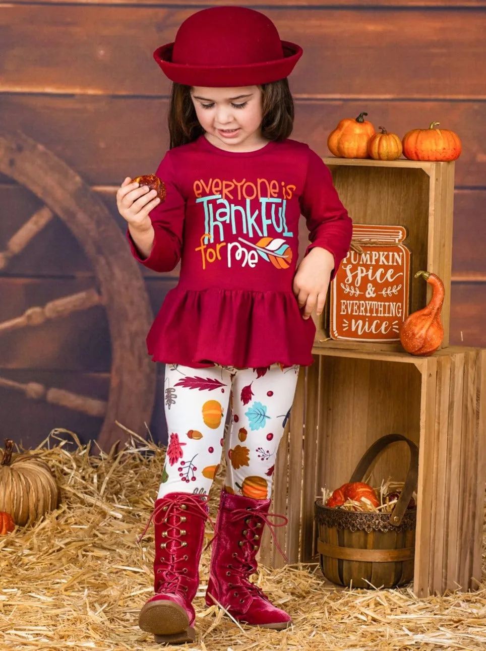 Girls Everyone is Thankful for Me Long Sleeve Peplum Tunic And Leaves Print Leggings