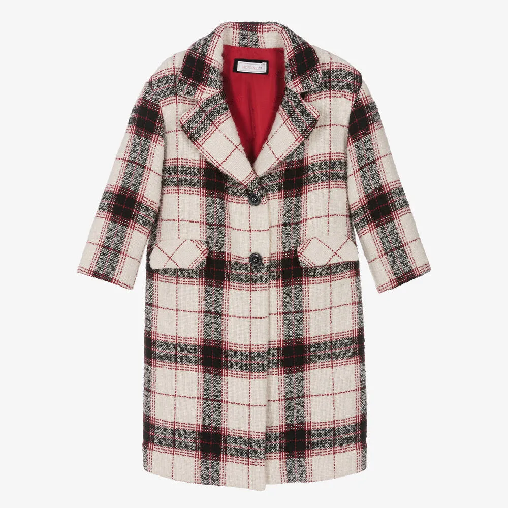 Girls Ivory, Black & Red Tartan Coat