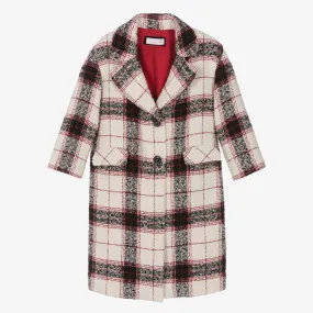 Girls Ivory, Black & Red Tartan Coat