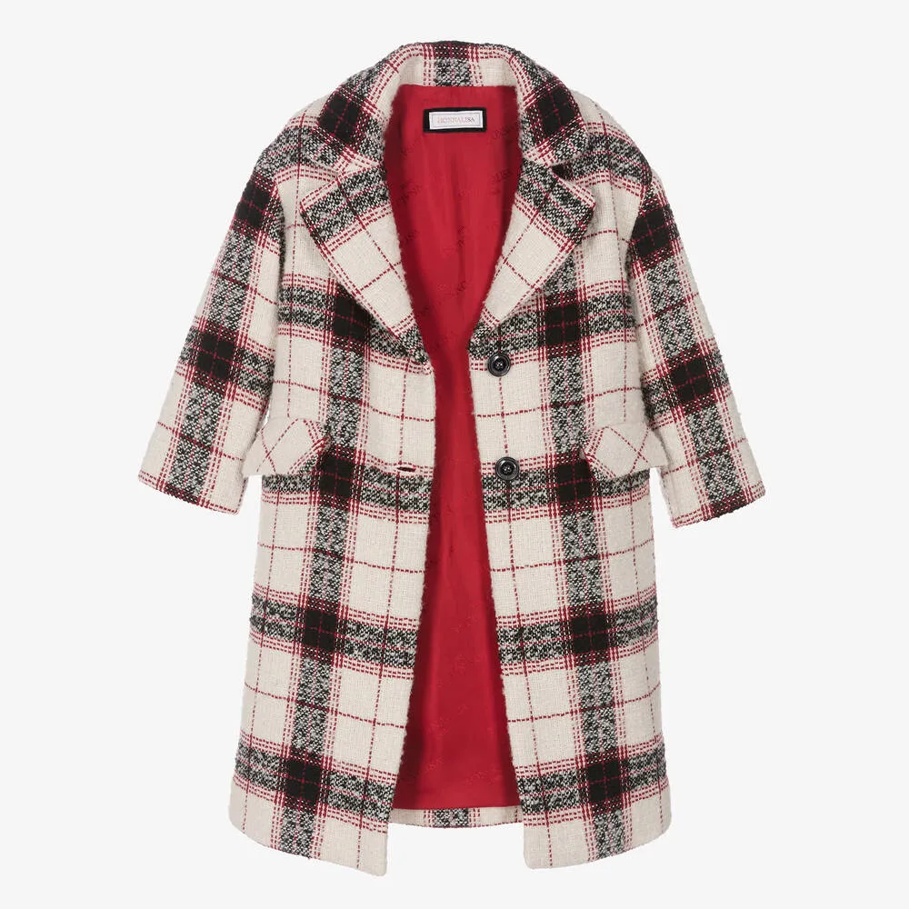 Girls Ivory, Black & Red Tartan Coat