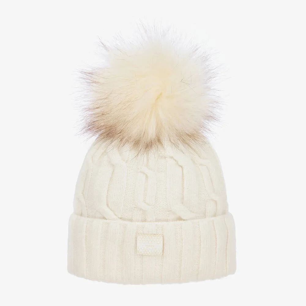 Girls Ivory Knitted Pom-Pom Hat