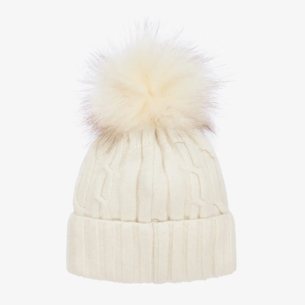 Girls Ivory Knitted Pom-Pom Hat