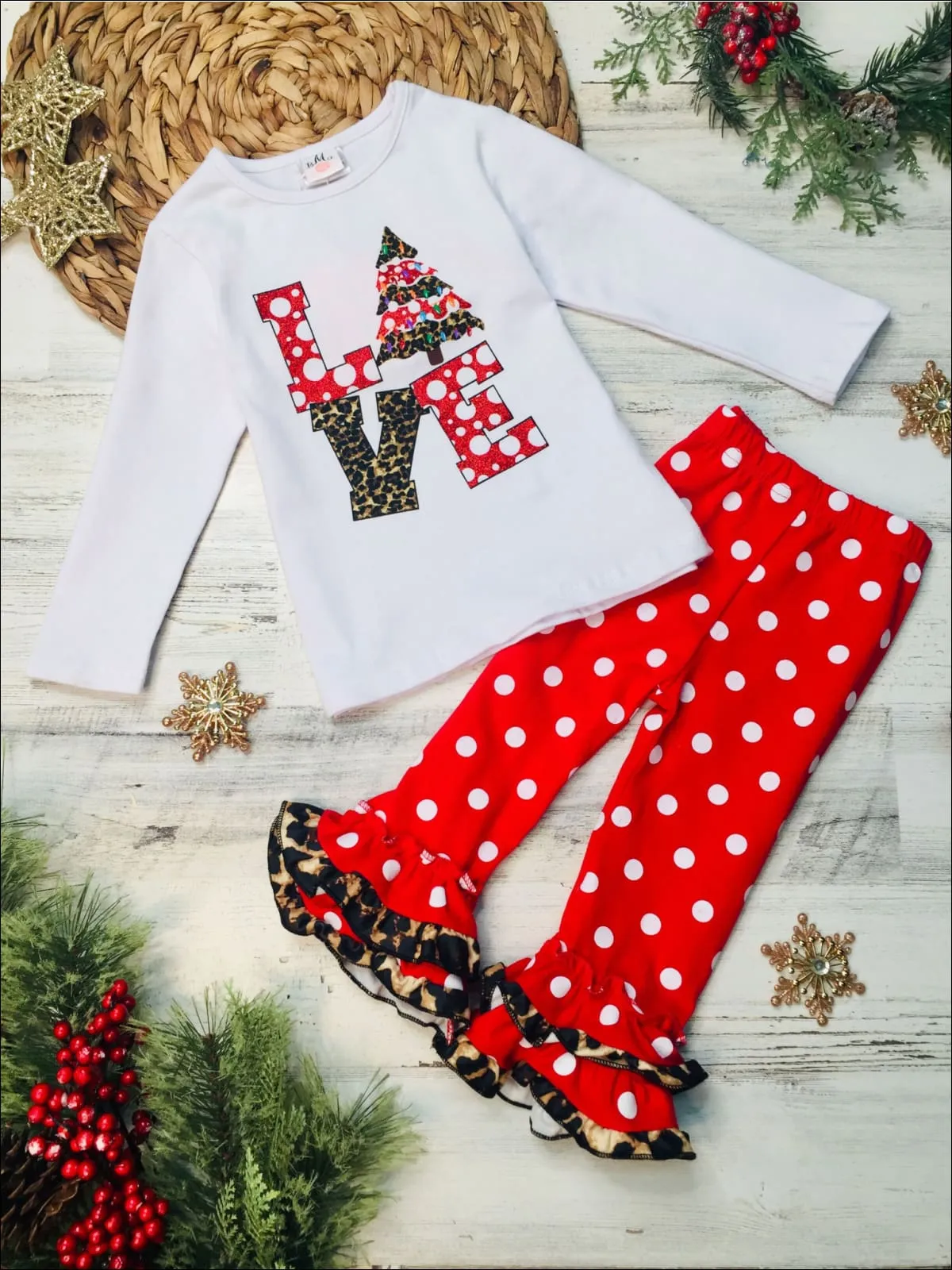 Girls Love Christmas Tree Top and Ruffled Legging Set