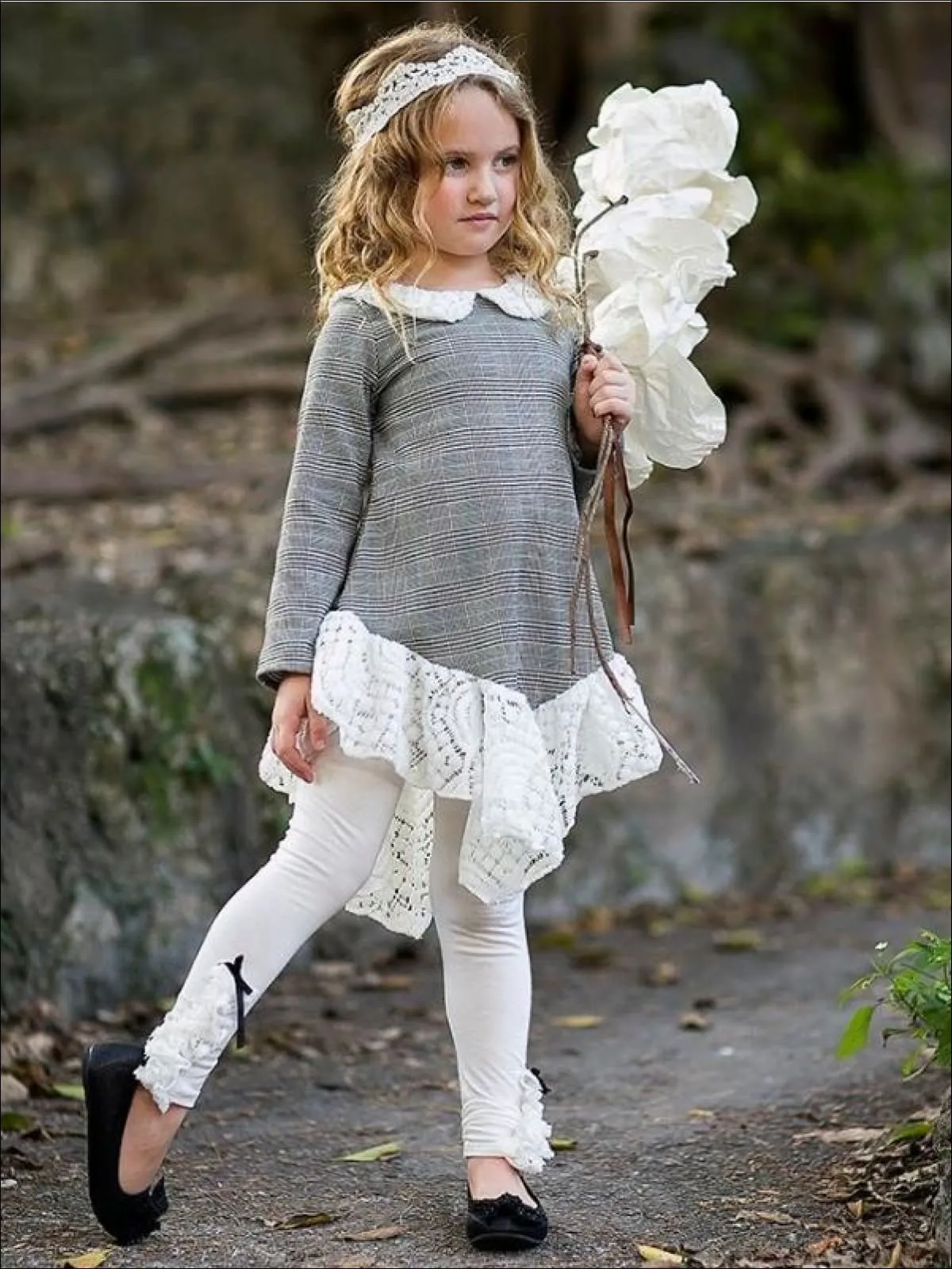 Girls Plaid Long Sleeve Lace School Peter Pan Collar And Ruffled Hem Tunic And Matching Bow Legging Set