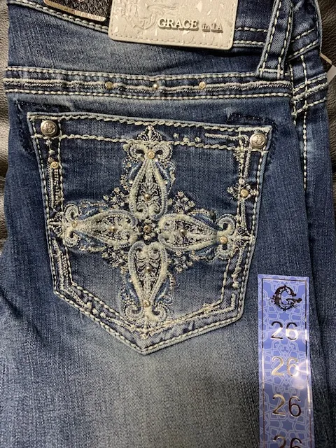 Grace in LA Ladies Easy Fit Bling Jeans - Cross - EB51391