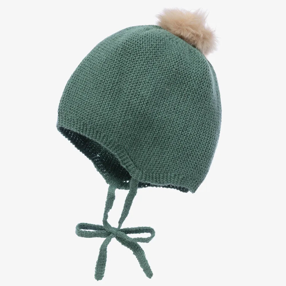 Green Knitted Pom-Pom Baby Hat