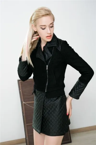 Half Leather Wool Long Coat for Women with Padded PU Leather