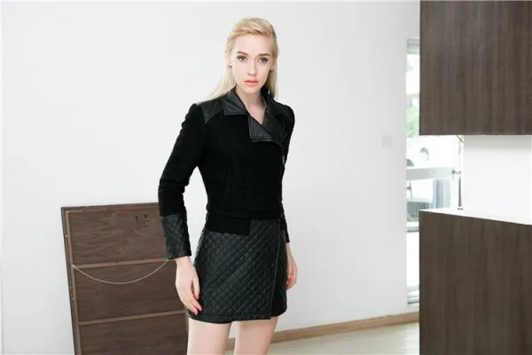 Half Leather Wool Long Coat for Women with Padded PU Leather