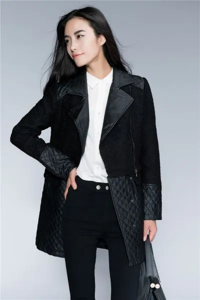 Half Leather Wool Long Coat for Women with Padded PU Leather