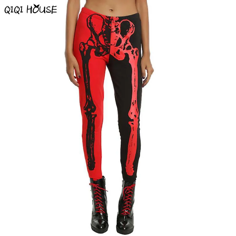 Halloween Costume For Women Sexy Skeleton Leggings Stretch Black Red Color Pants Pantacourt Femme#C901 SM6