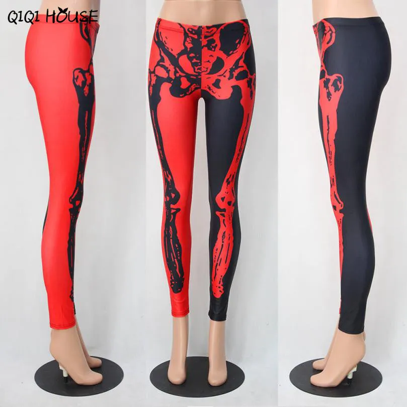 Halloween Costume For Women Sexy Skeleton Leggings Stretch Black Red Color Pants Pantacourt Femme#C901 SM6