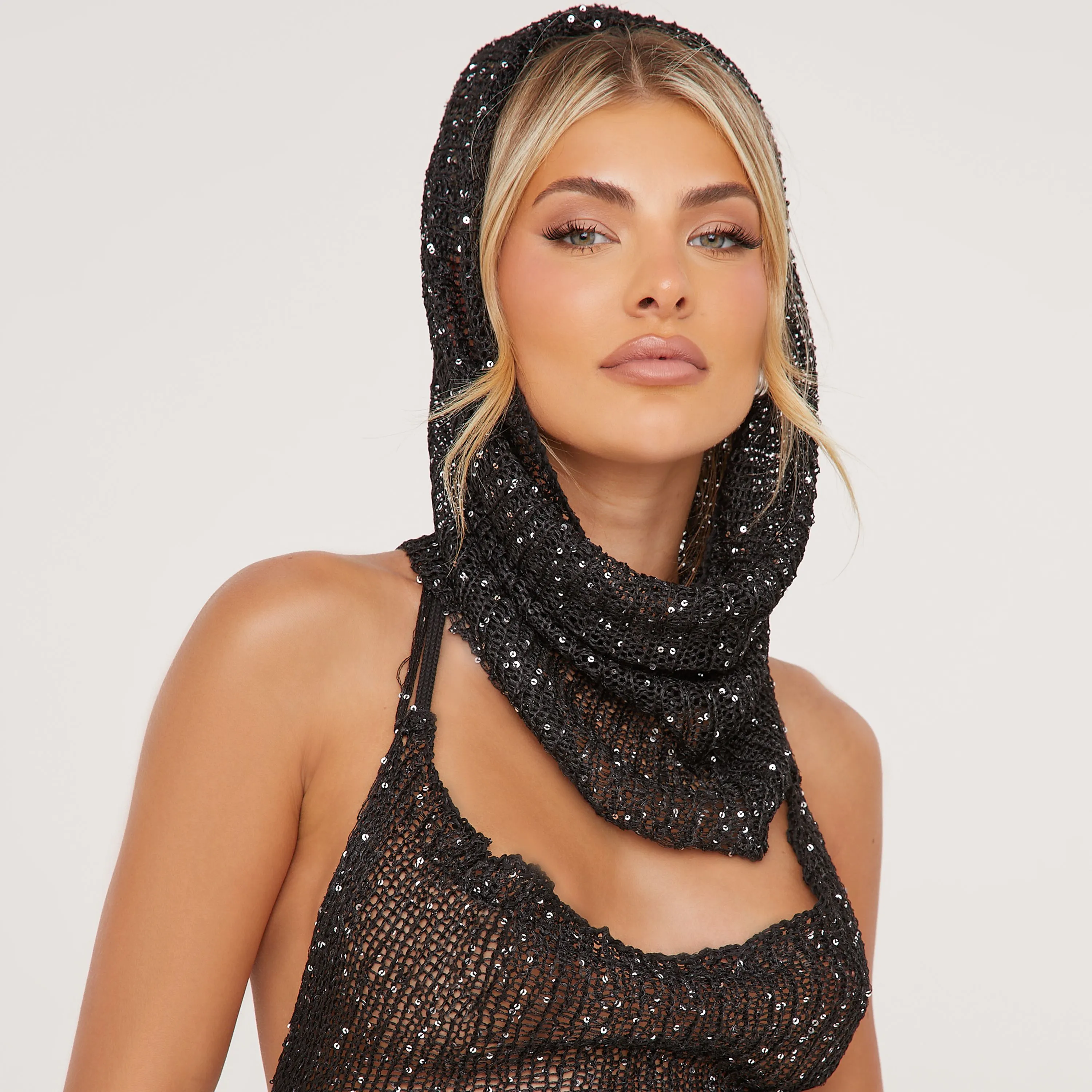 Halterneck Asymmetric Top And Hotpants With Hood Co-Ord Set In Black Sequin Crochet Knit