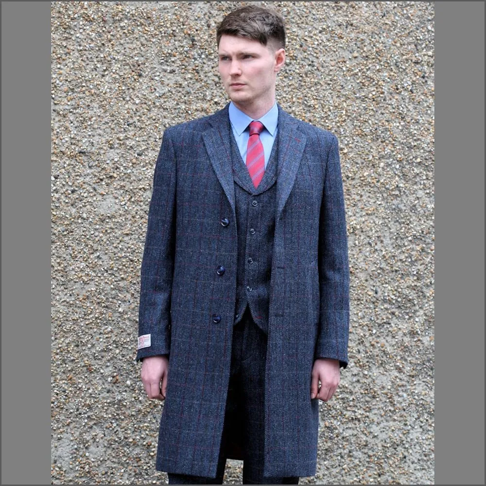 Harris Tweed Blue with Wine Check Overcoat