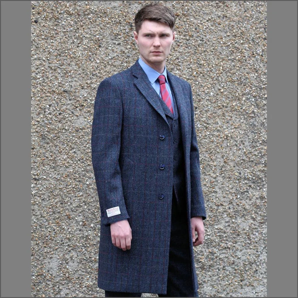 Harris Tweed Blue with Wine Check Overcoat