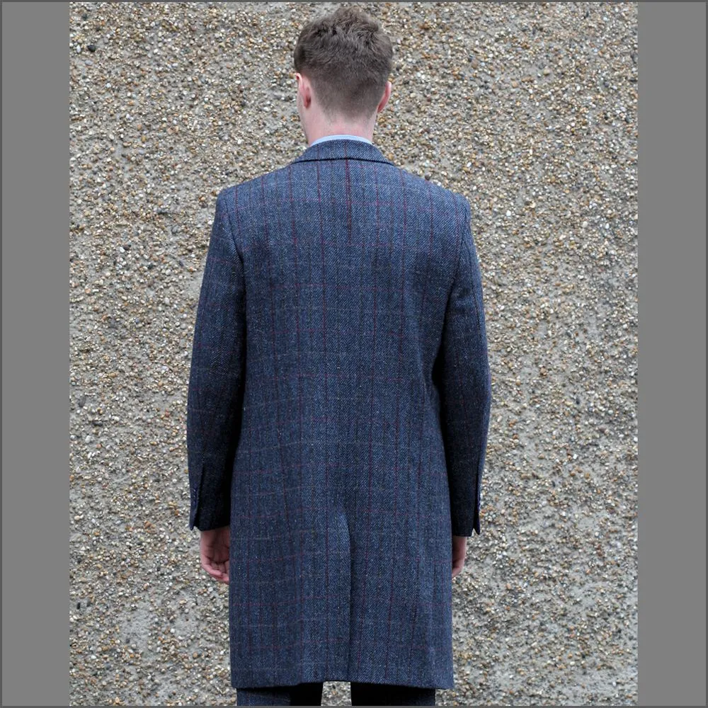 Harris Tweed Blue with Wine Check Overcoat