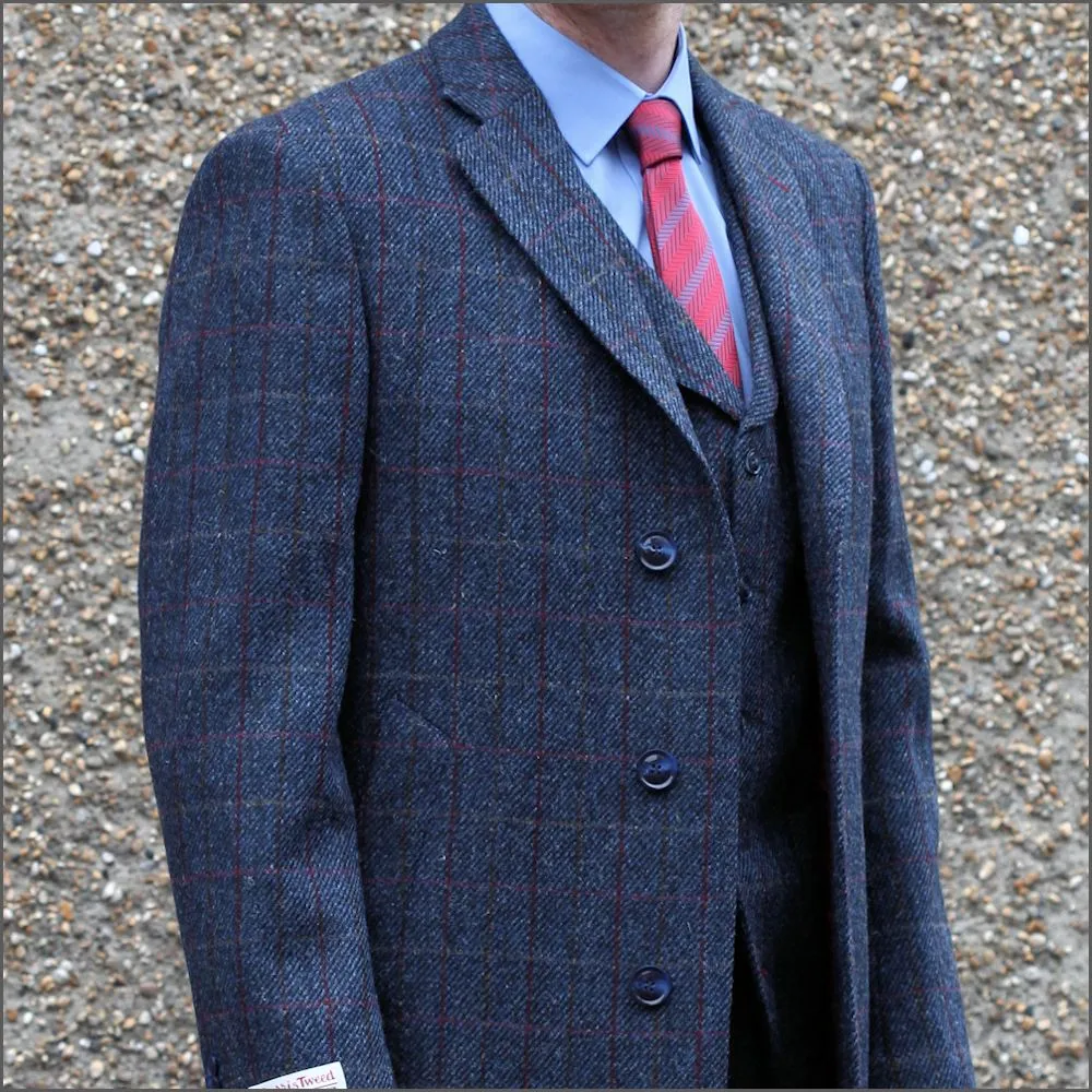 Harris Tweed Blue with Wine Check Overcoat