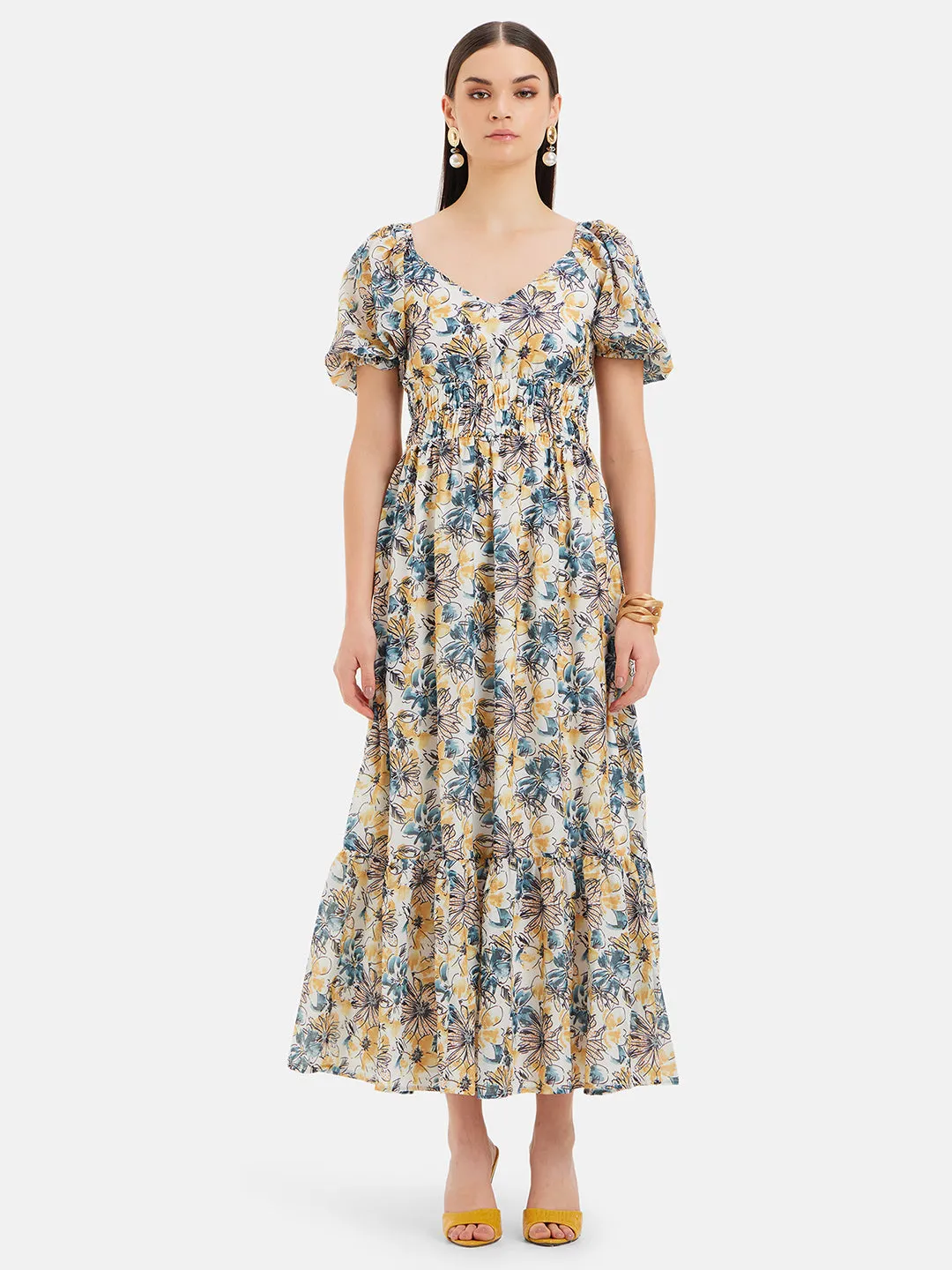 Heather Printed Maxi Dress With Flared Sleeves