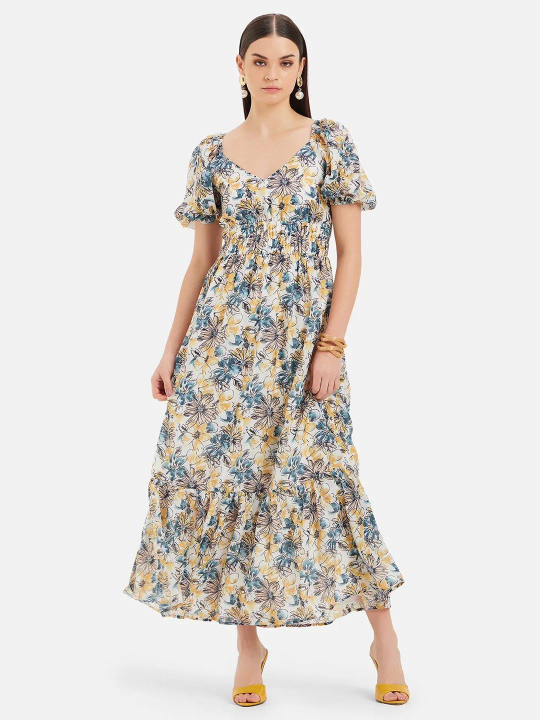 Heather Printed Maxi Dress With Flared Sleeves