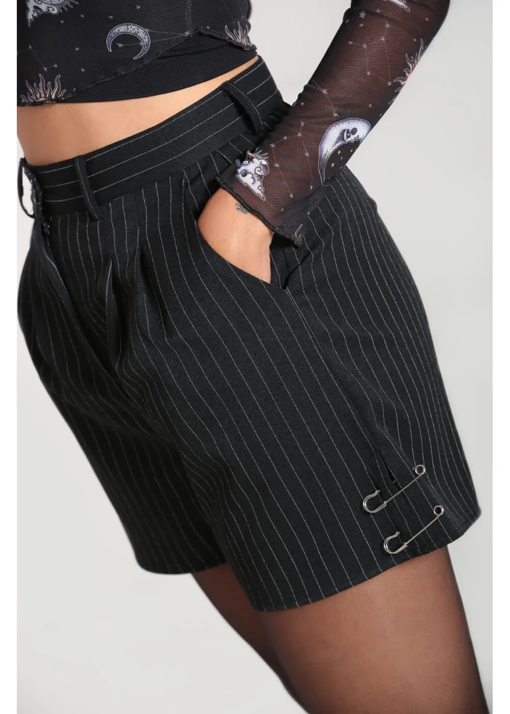 Hell Bunny Wolfie Pinstripe Shorts Black