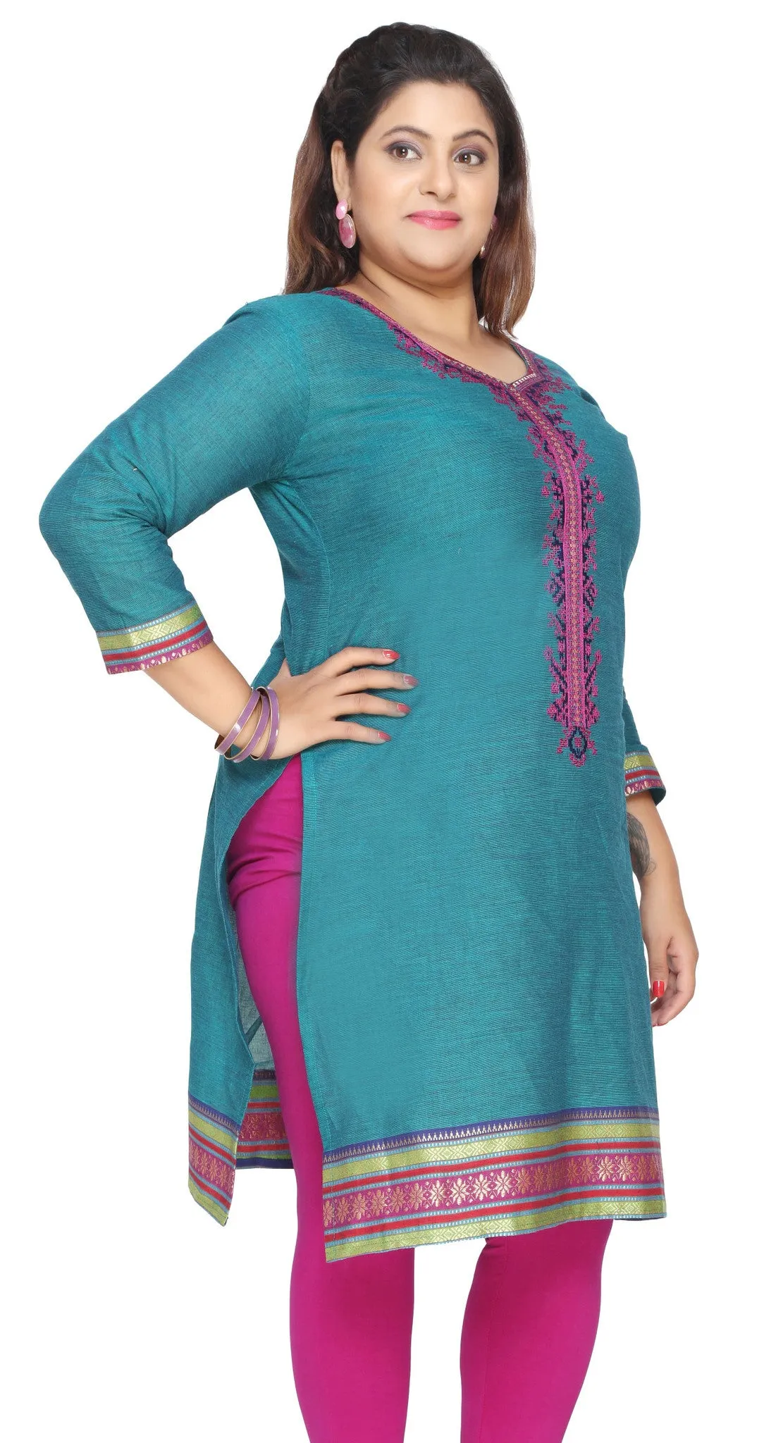 India Tunic Long Top Kurti Womens Plus Size Indian Clothes (Turquoise)