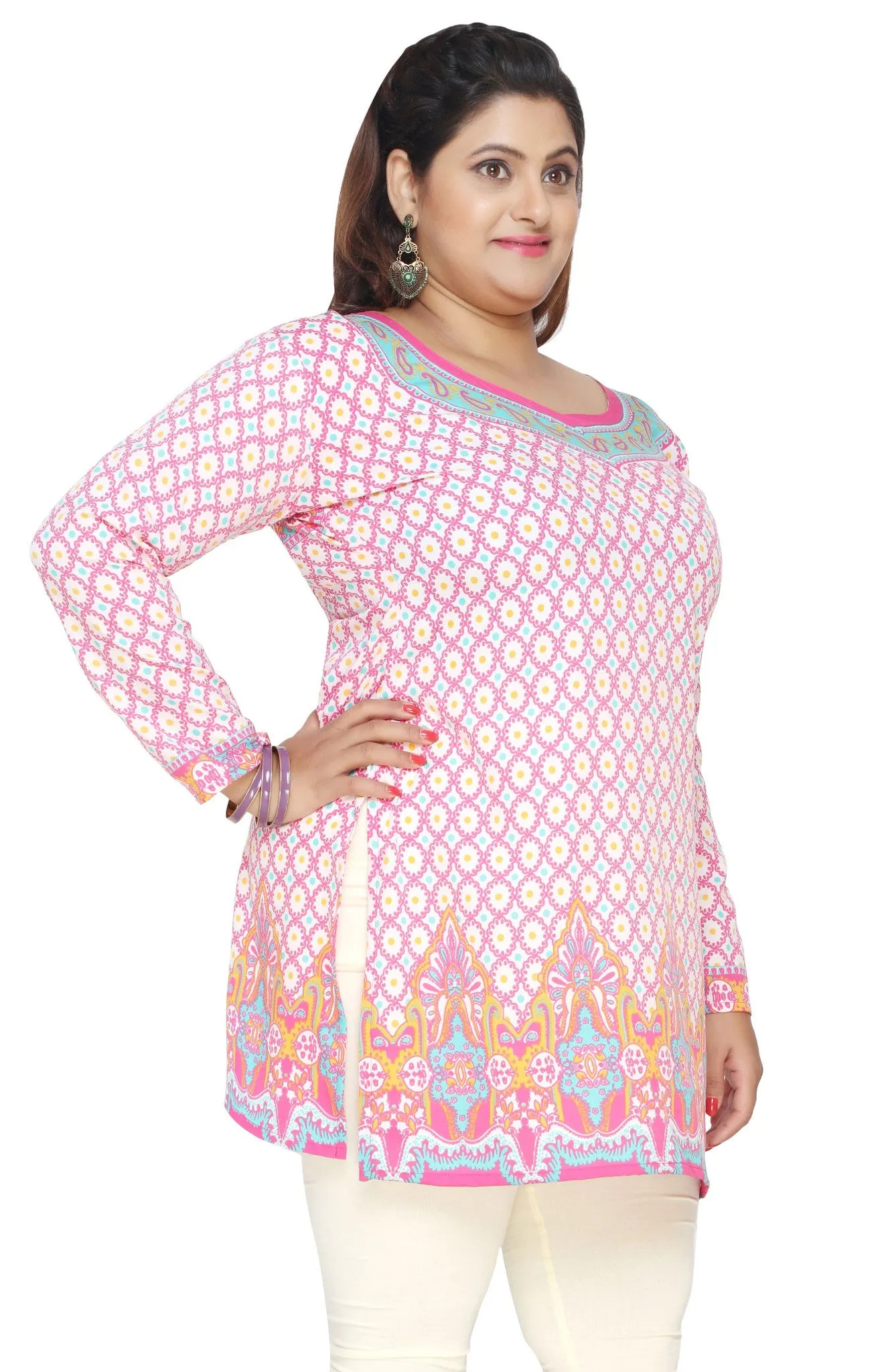 India Tunic Top Kurti Womens Printed Plus Size Indian Clothes (Pink)