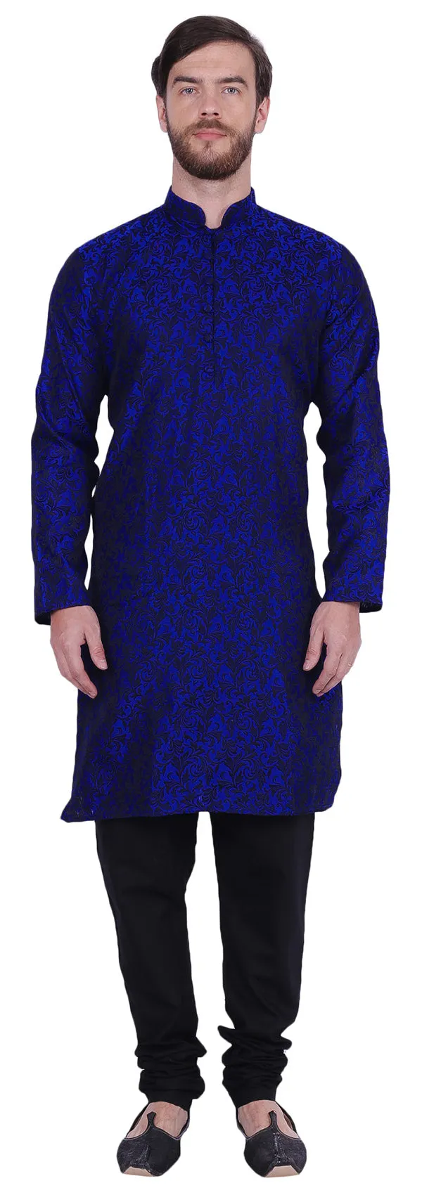 Jacquard Silk Men's Kurta Pyjama Party Indian Clothes (Blue)