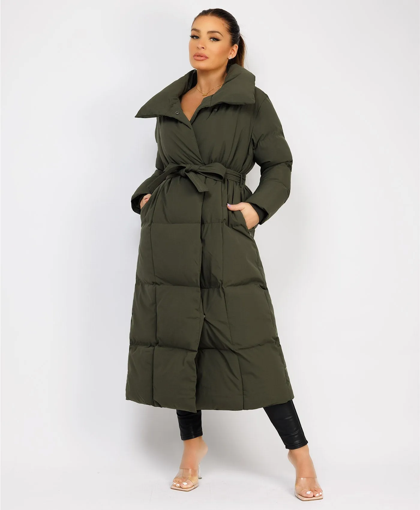 Khaki Longline Padded Puffer Tied Waist Duvet Coat