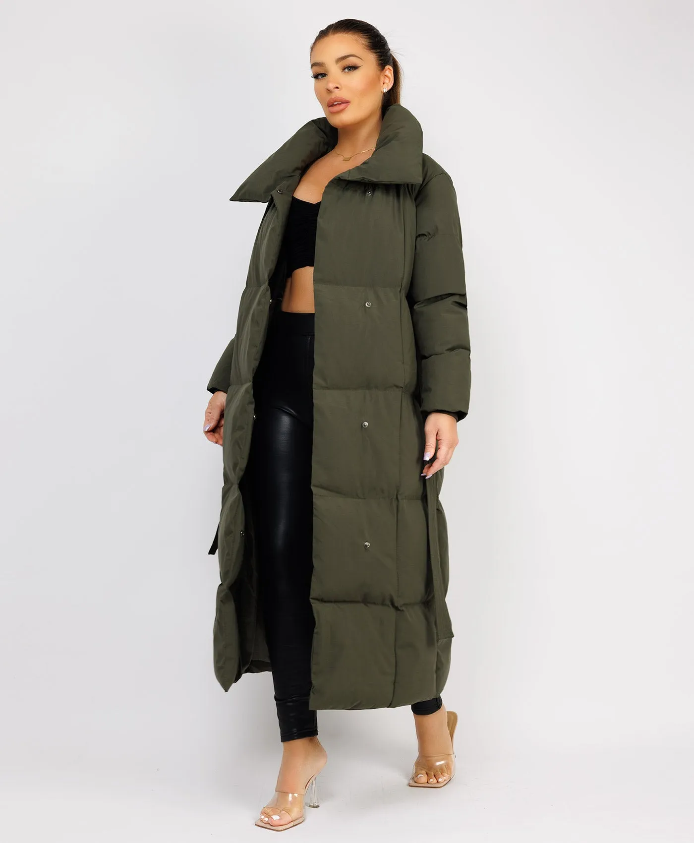 Khaki Longline Padded Puffer Tied Waist Duvet Coat