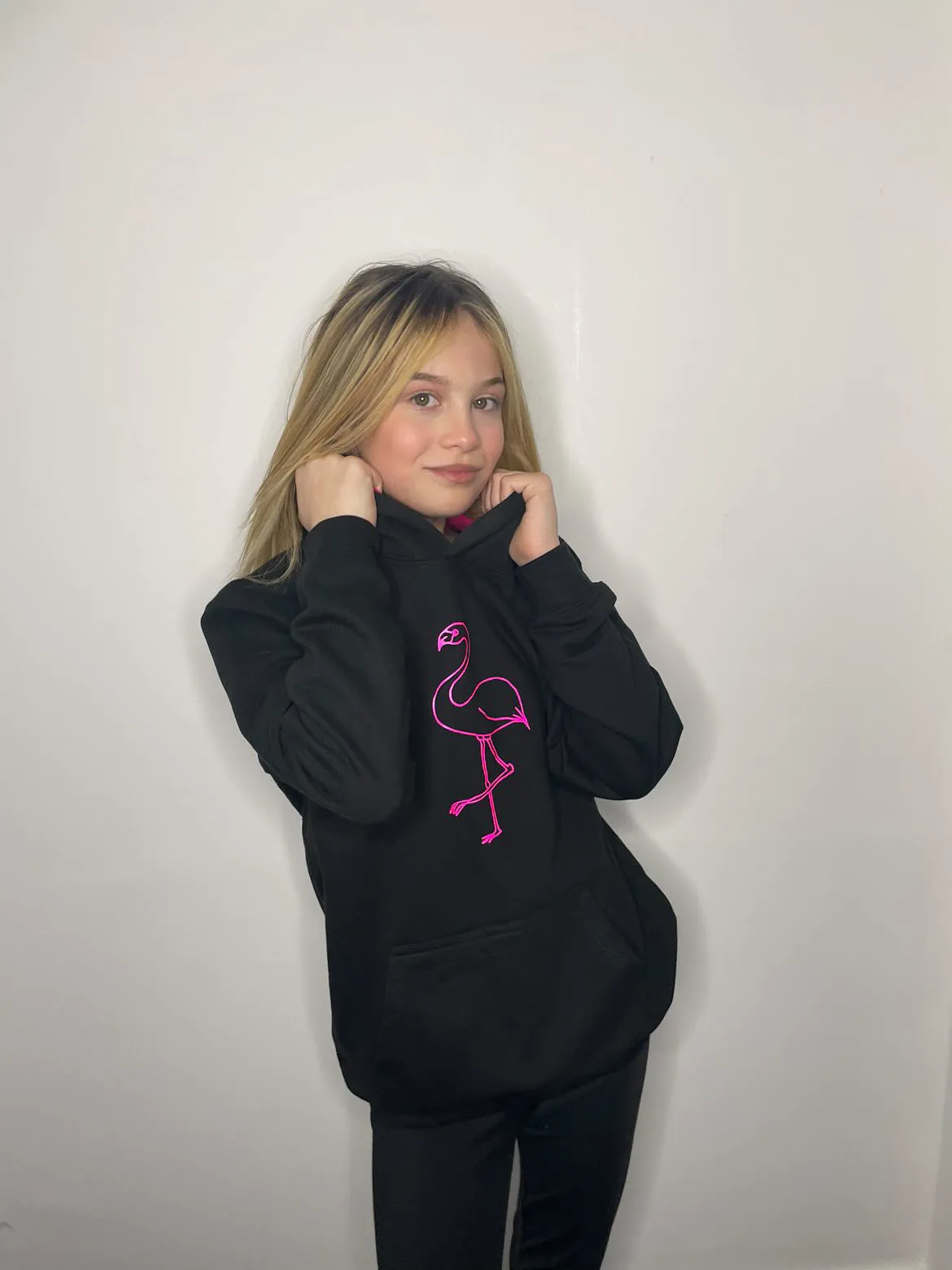 Kids Flamingo hoodie, black/hot pink