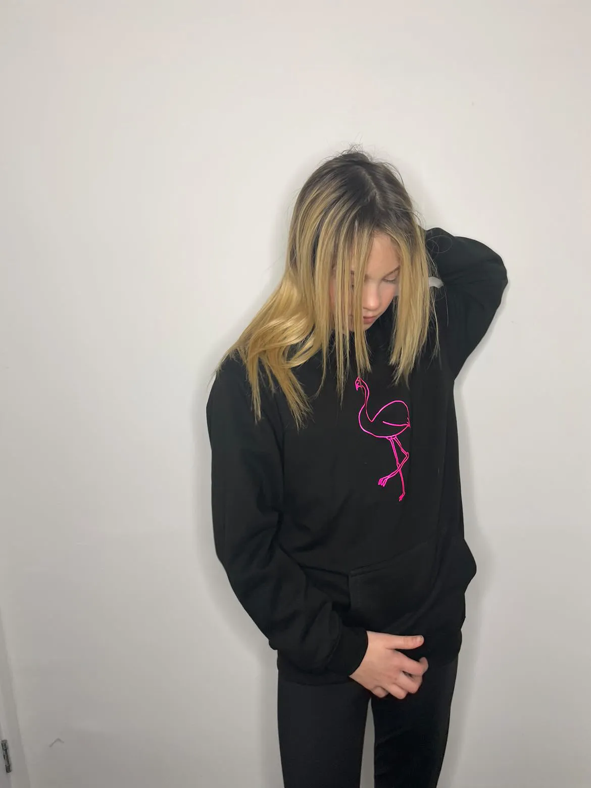 Kids Flamingo hoodie, black/hot pink