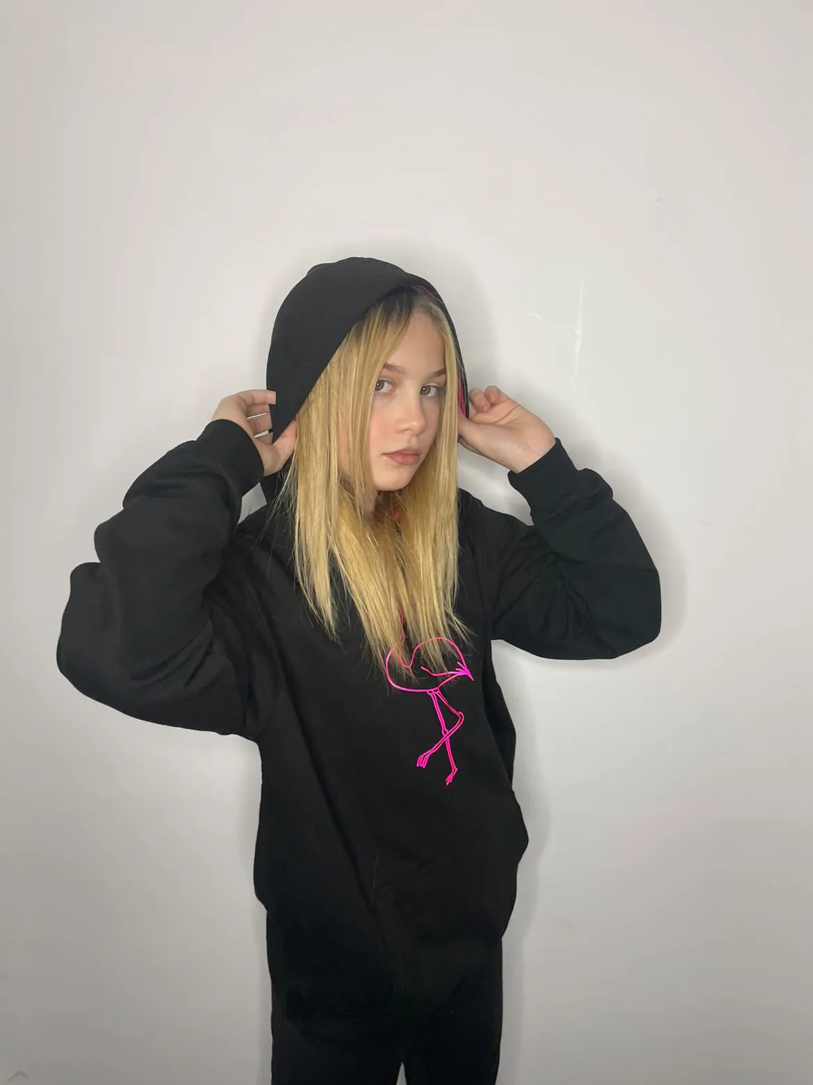 Kids Flamingo hoodie, black/hot pink