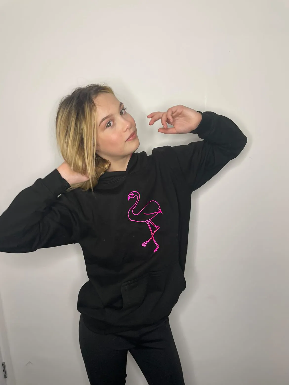 Kids Flamingo hoodie, black/hot pink