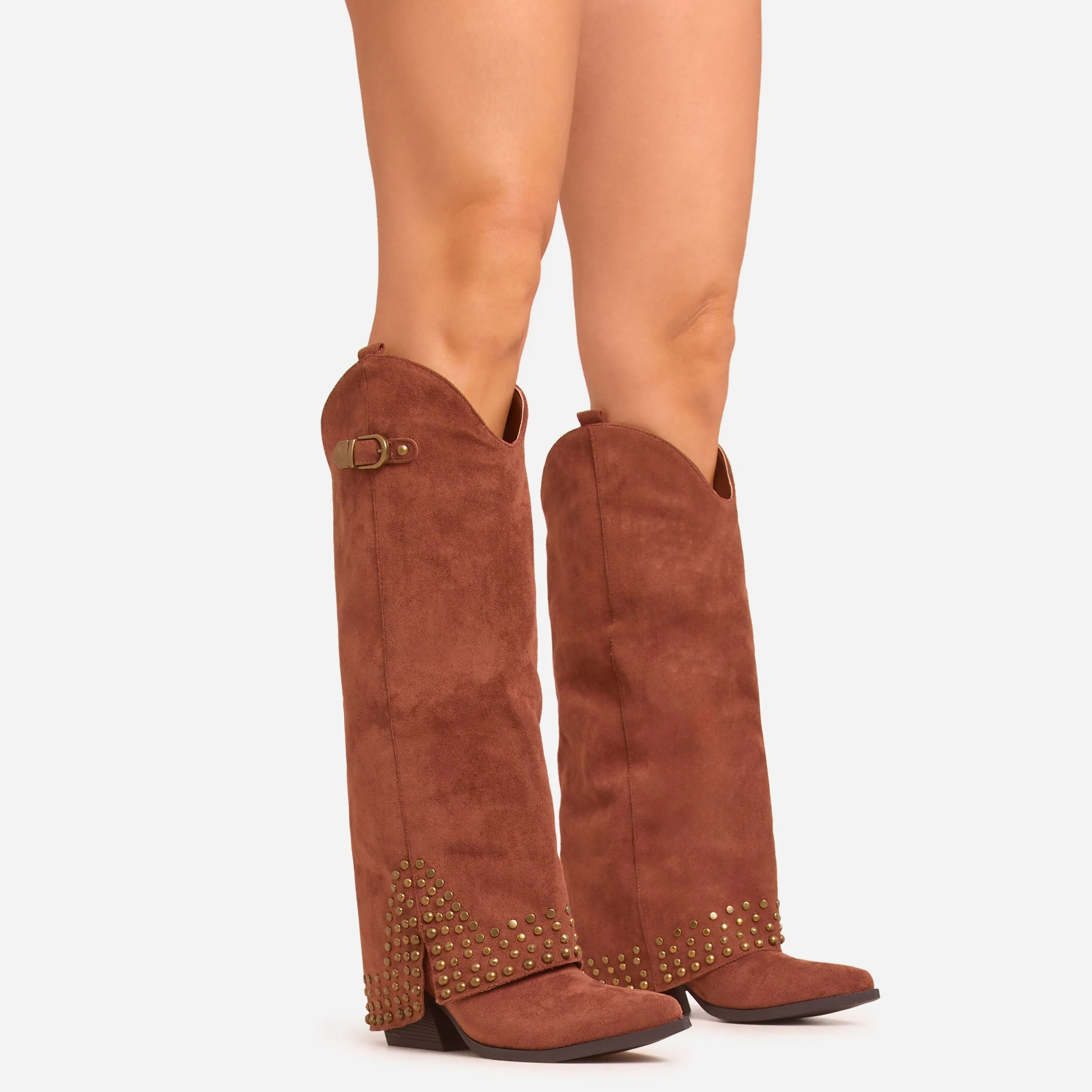 Klay Stud Layered Detail Pointed Toe Knee High Western Cowboy Boot In Tan Brown Faux Suede