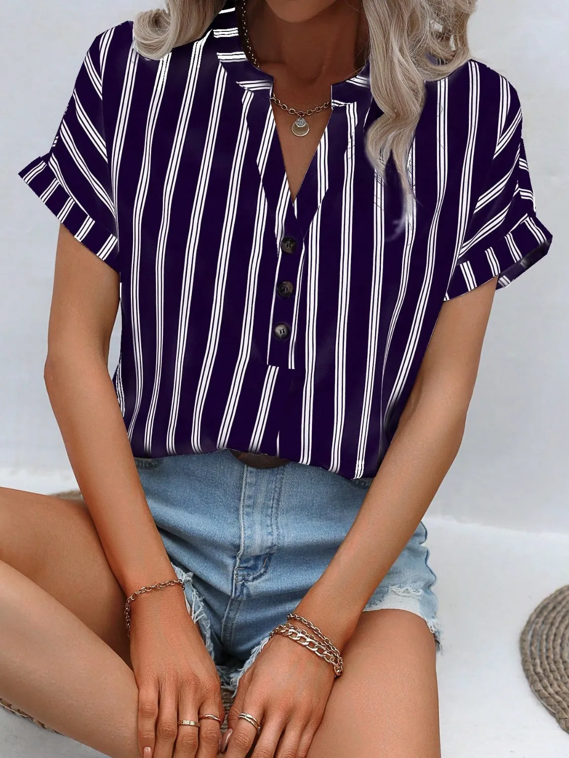 Kona Striped Notched Short Sleeve Blouse - Restock