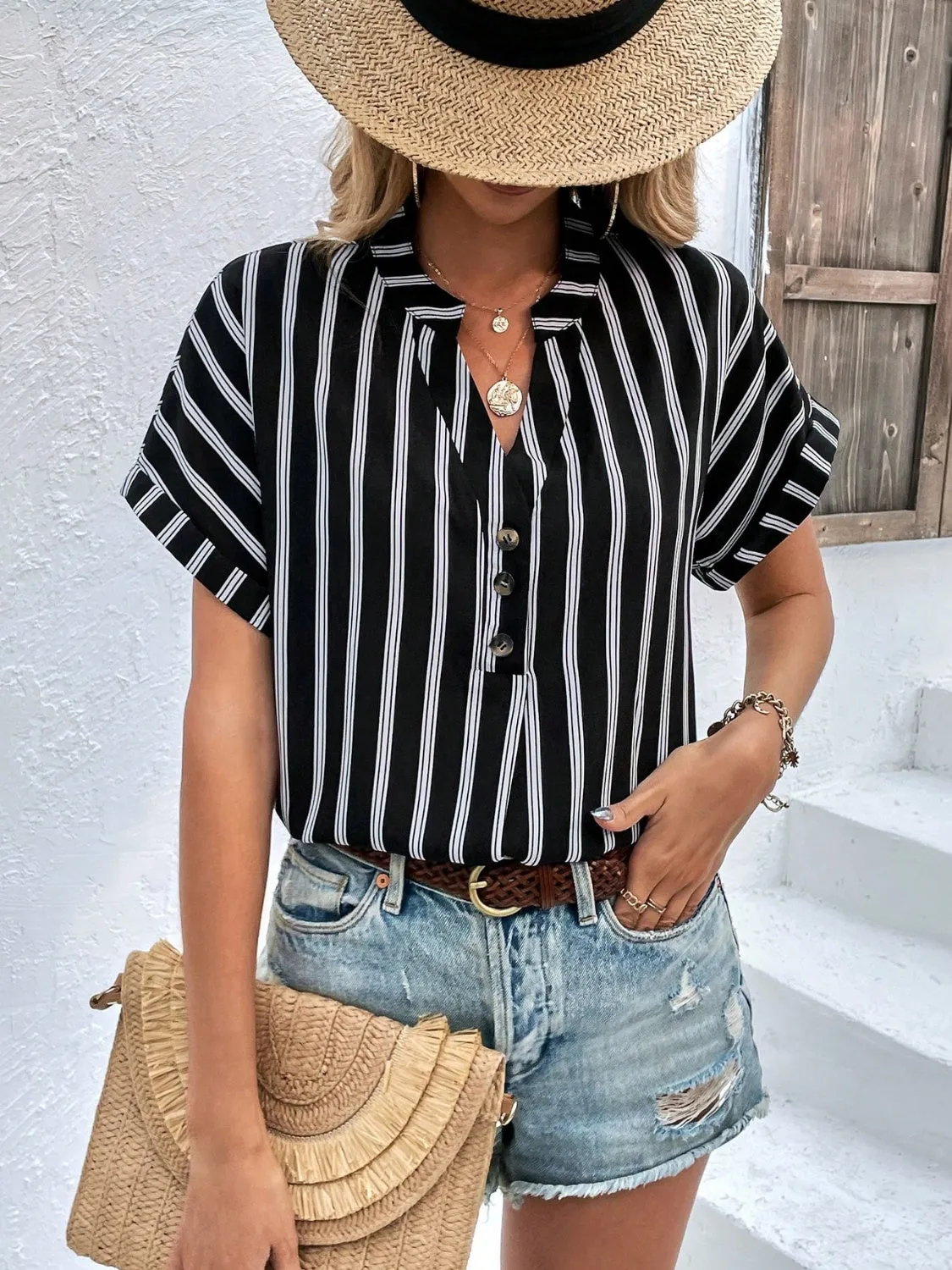 Kona Striped Notched Short Sleeve Blouse - Restock