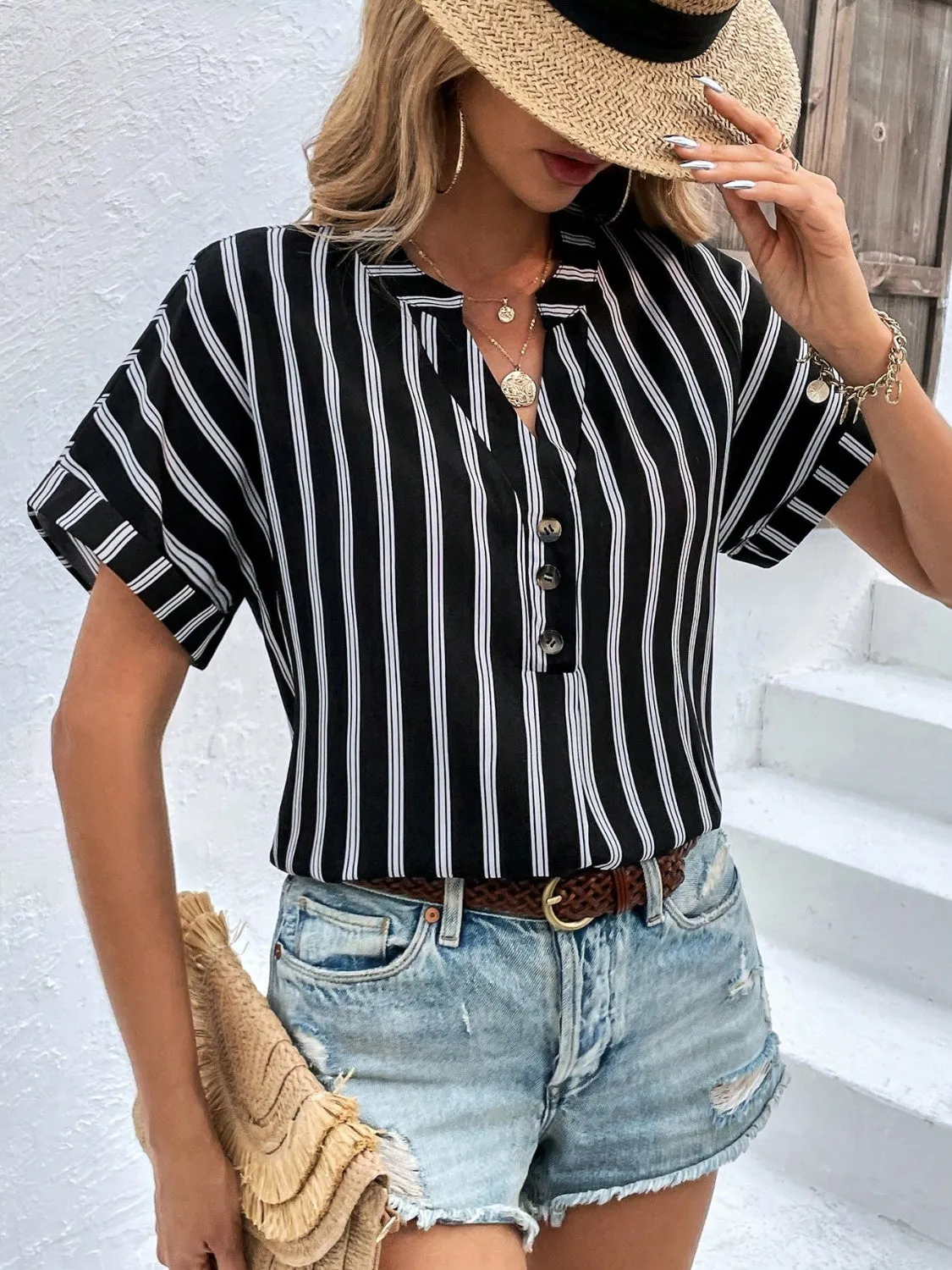 Kona Striped Notched Short Sleeve Blouse - Restock