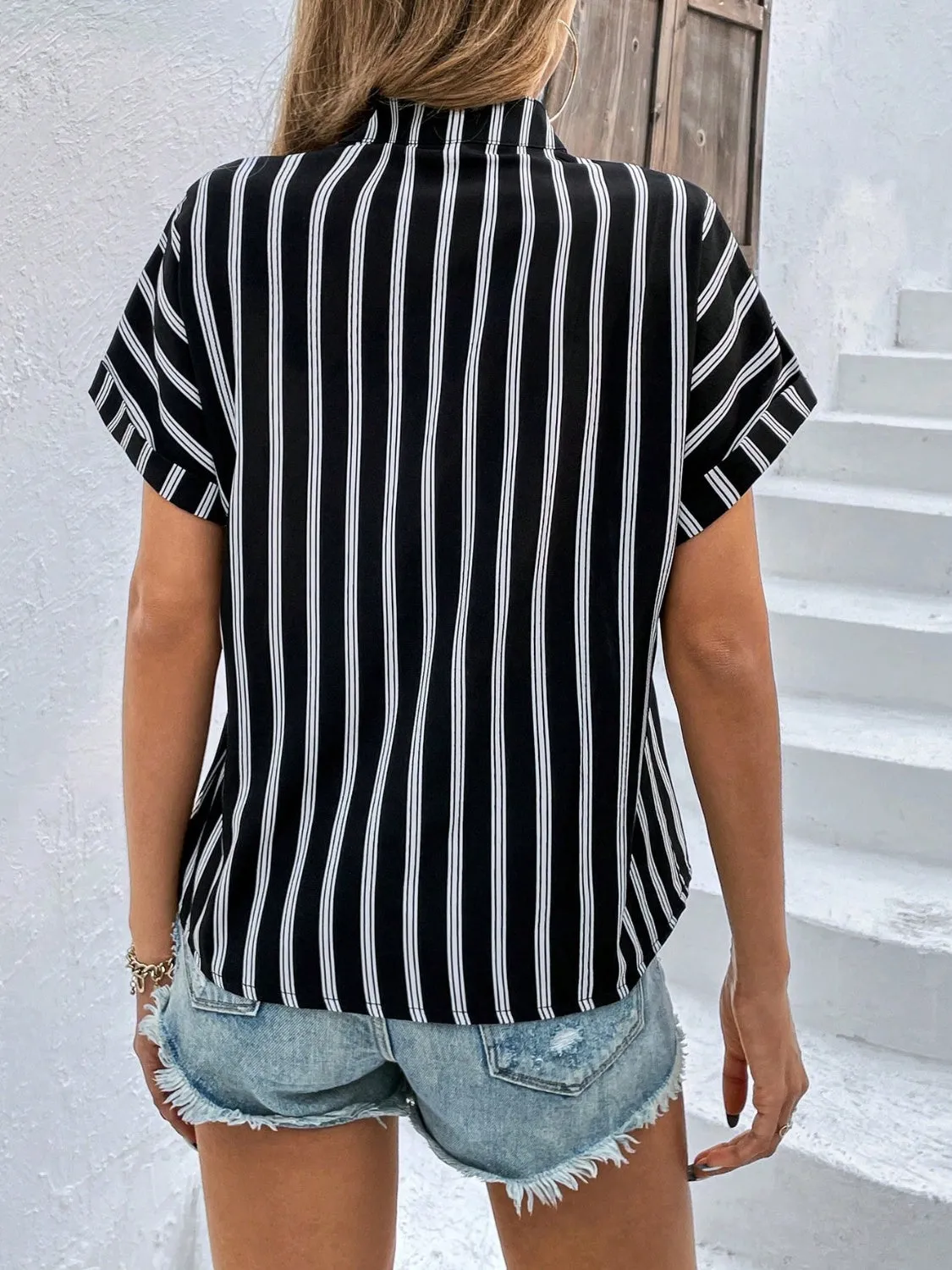 Kona Striped Notched Short Sleeve Blouse - Restock