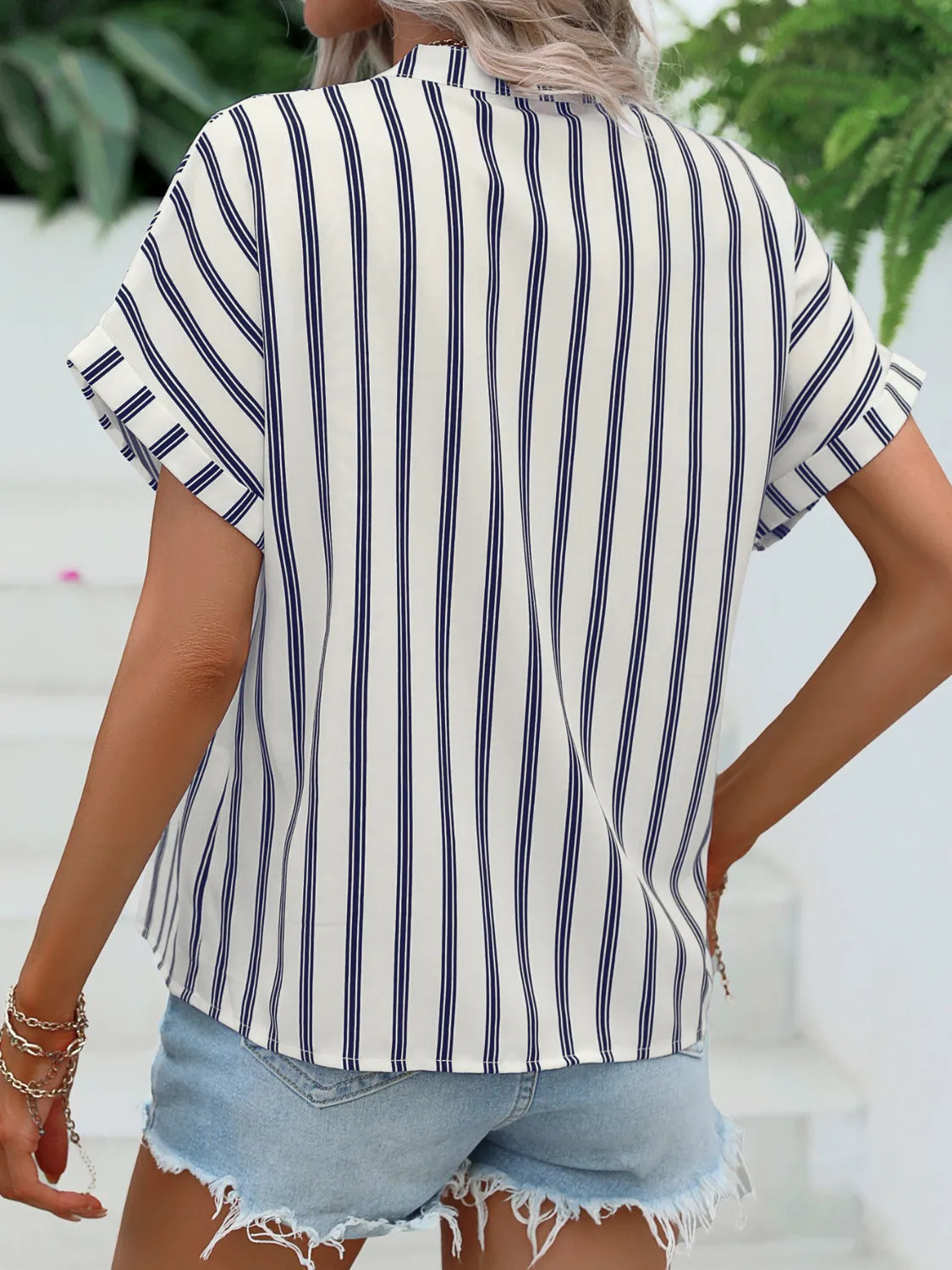 Kona Striped Notched Short Sleeve Blouse - Restock