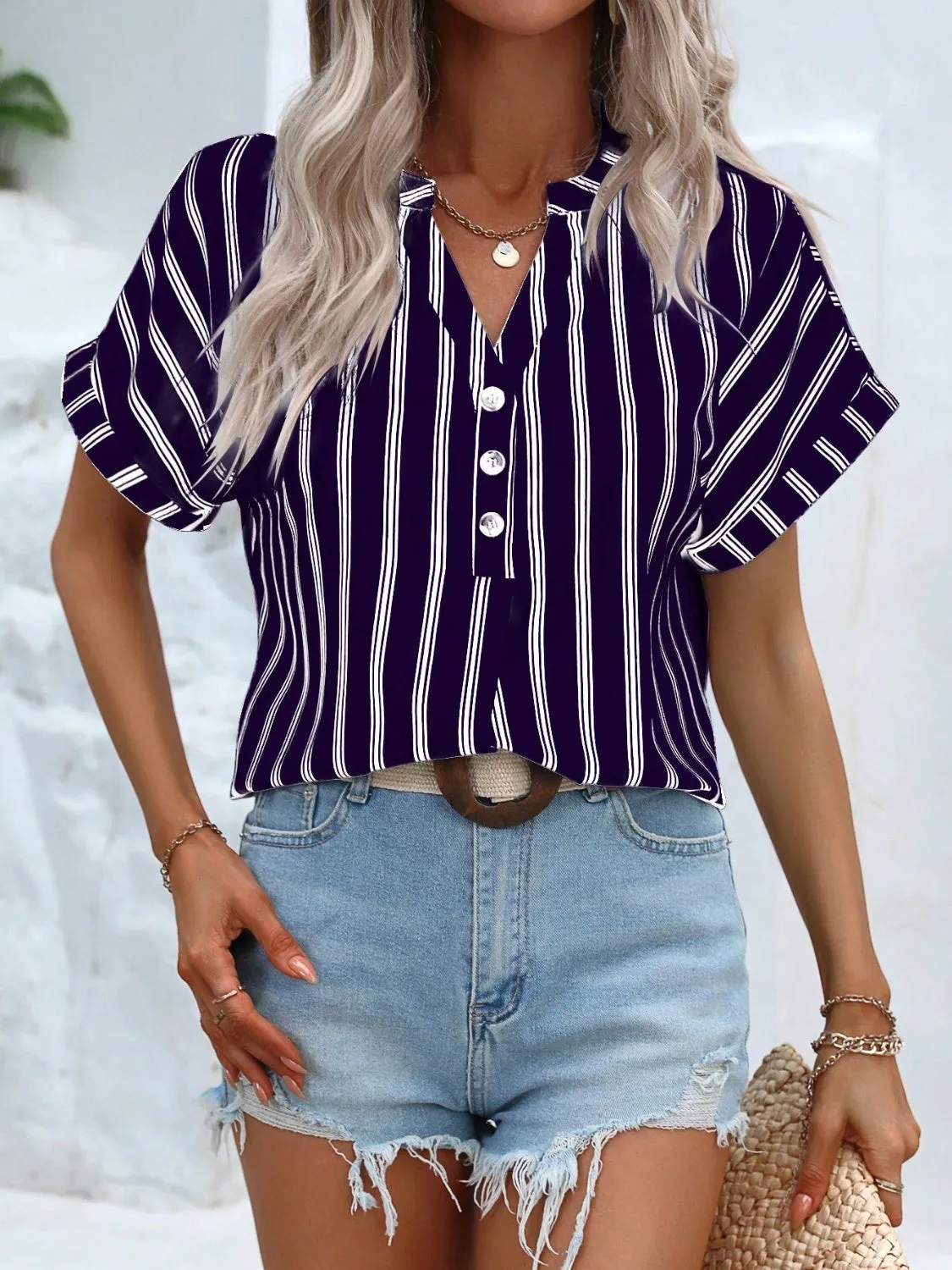 Kona Striped Notched Short Sleeve Blouse - Restock