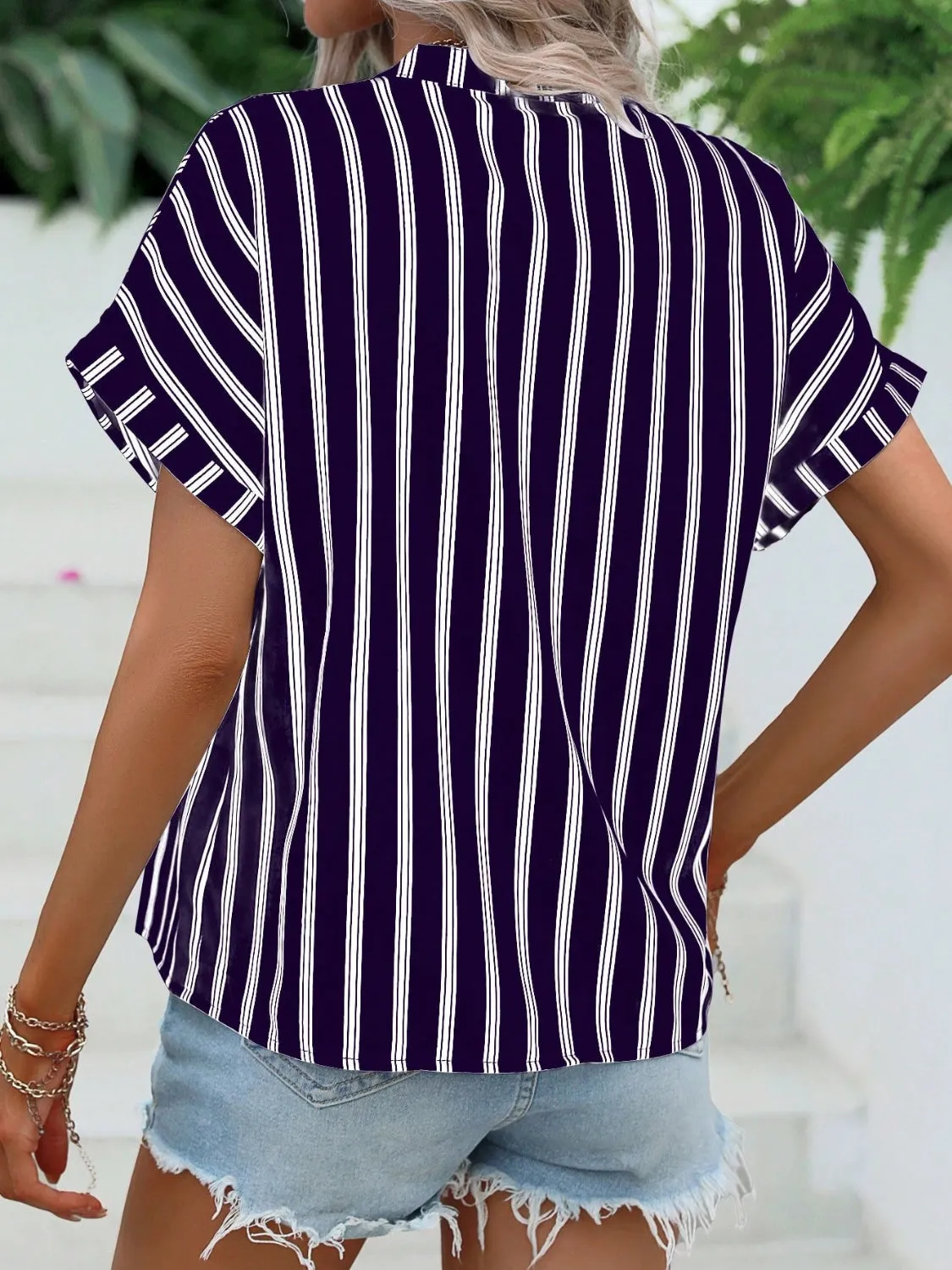 Kona Striped Notched Short Sleeve Blouse - Restock