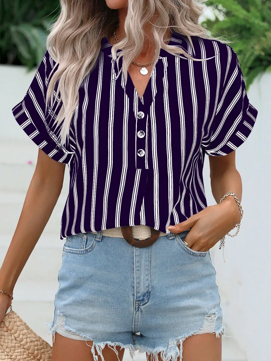 Kona Striped Notched Short Sleeve Blouse - Restock