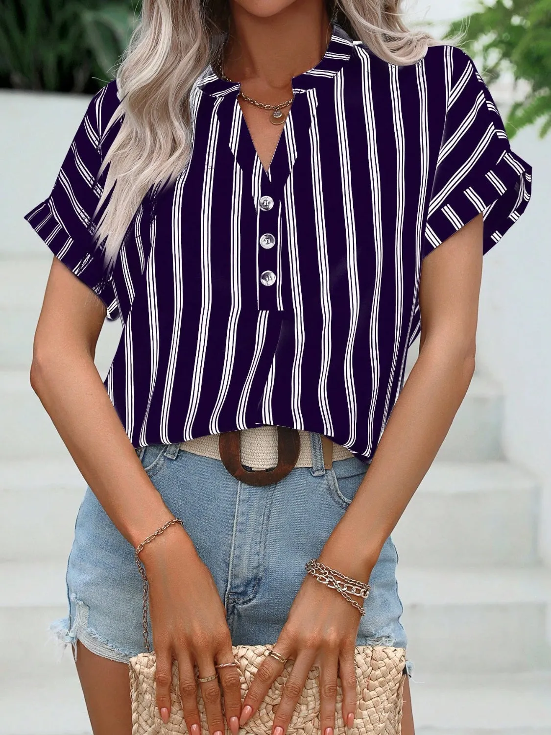 Kona Striped Notched Short Sleeve Blouse - Restock