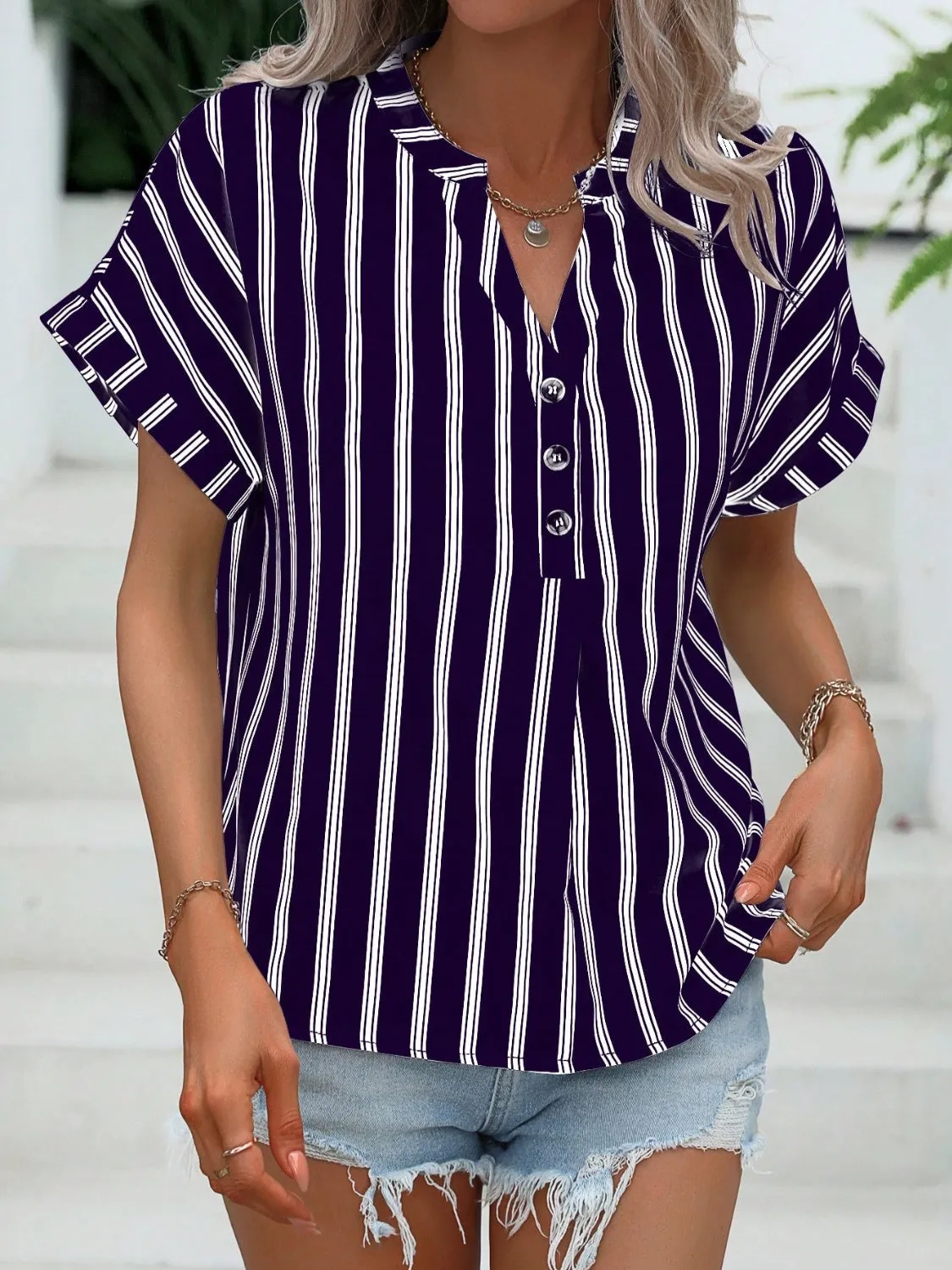 Kona Striped Notched Short Sleeve Blouse - Restock