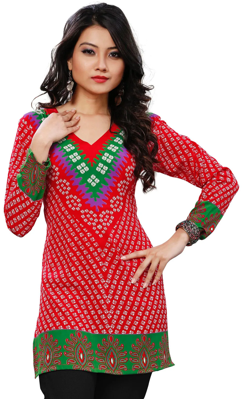 Kurti Top Long Tunic Womens Printed Blouse India Clothing (Red)