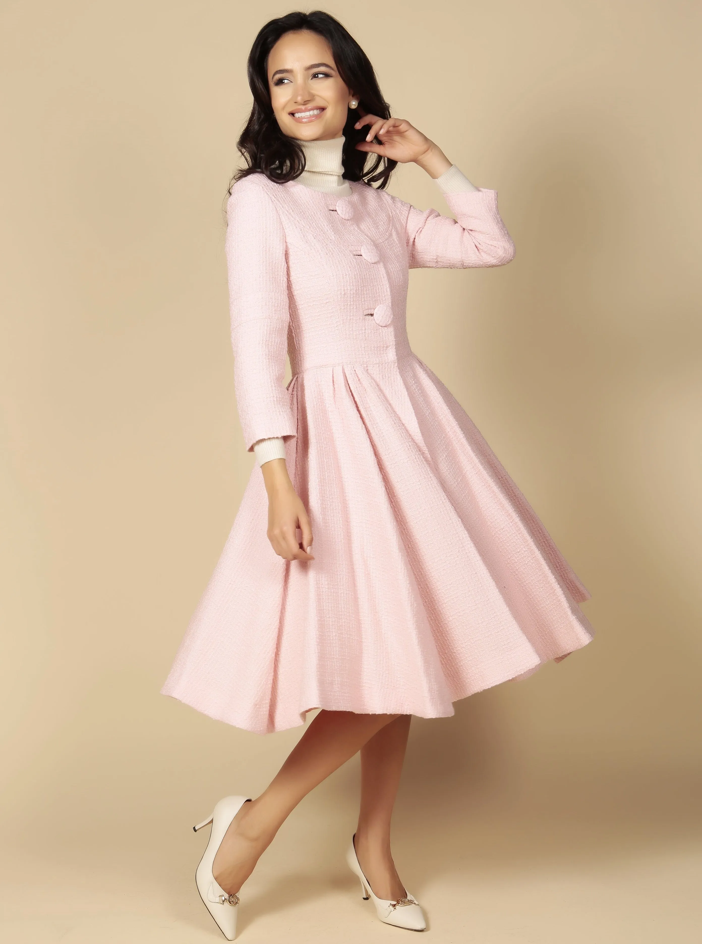 'Lady' Italian Wool Swing Dress Coat in Rosa