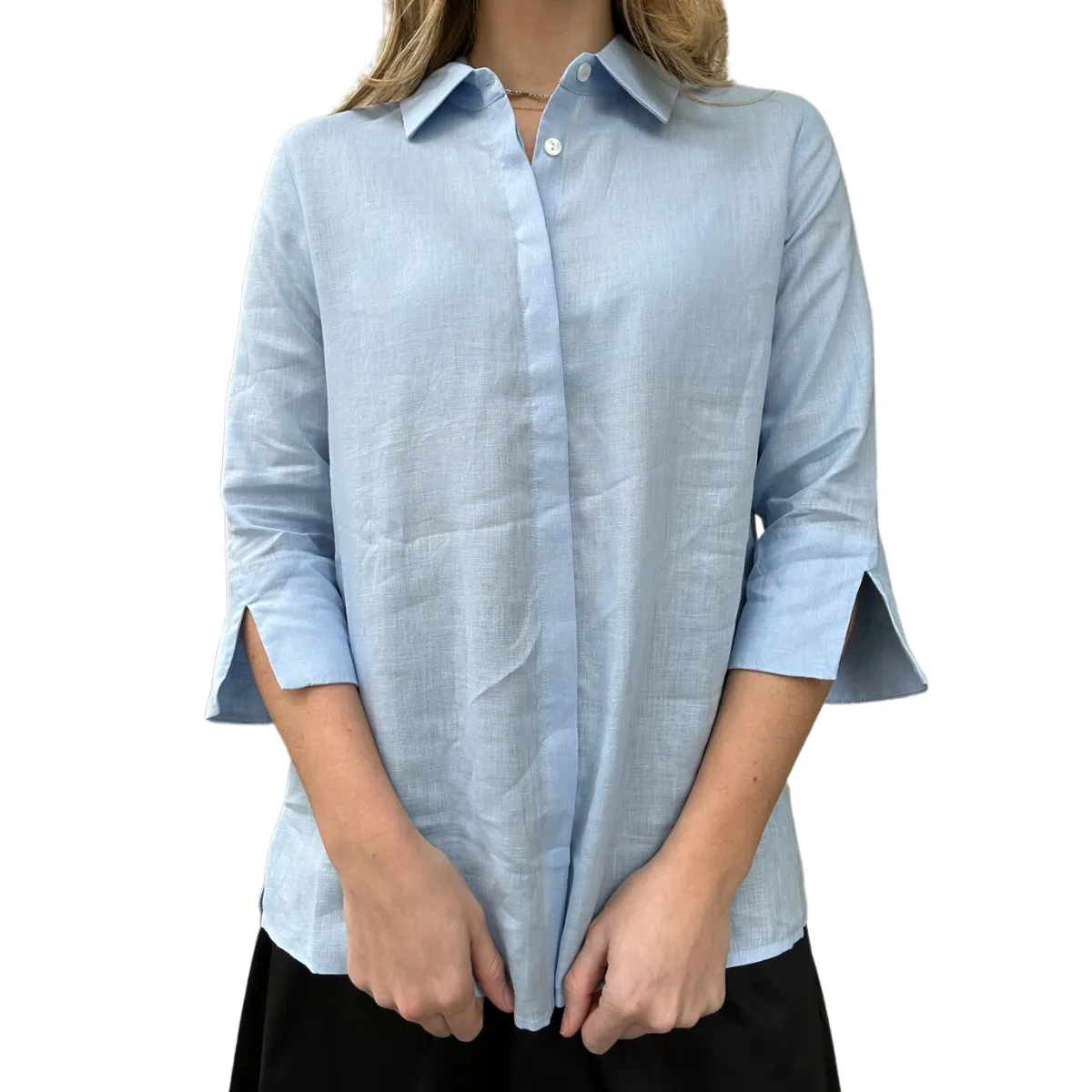 Lenar Linen 3/4 Sleeve Button Front Top - (azul or greenery)