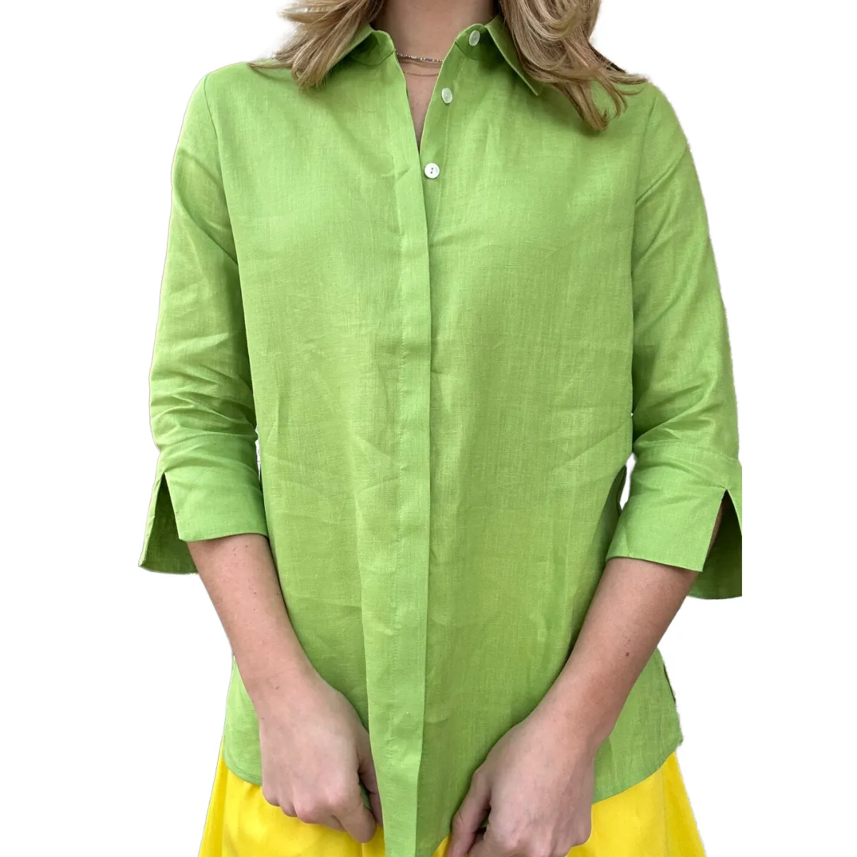 Lenar Linen 3/4 Sleeve Button Front Top - (azul or greenery)